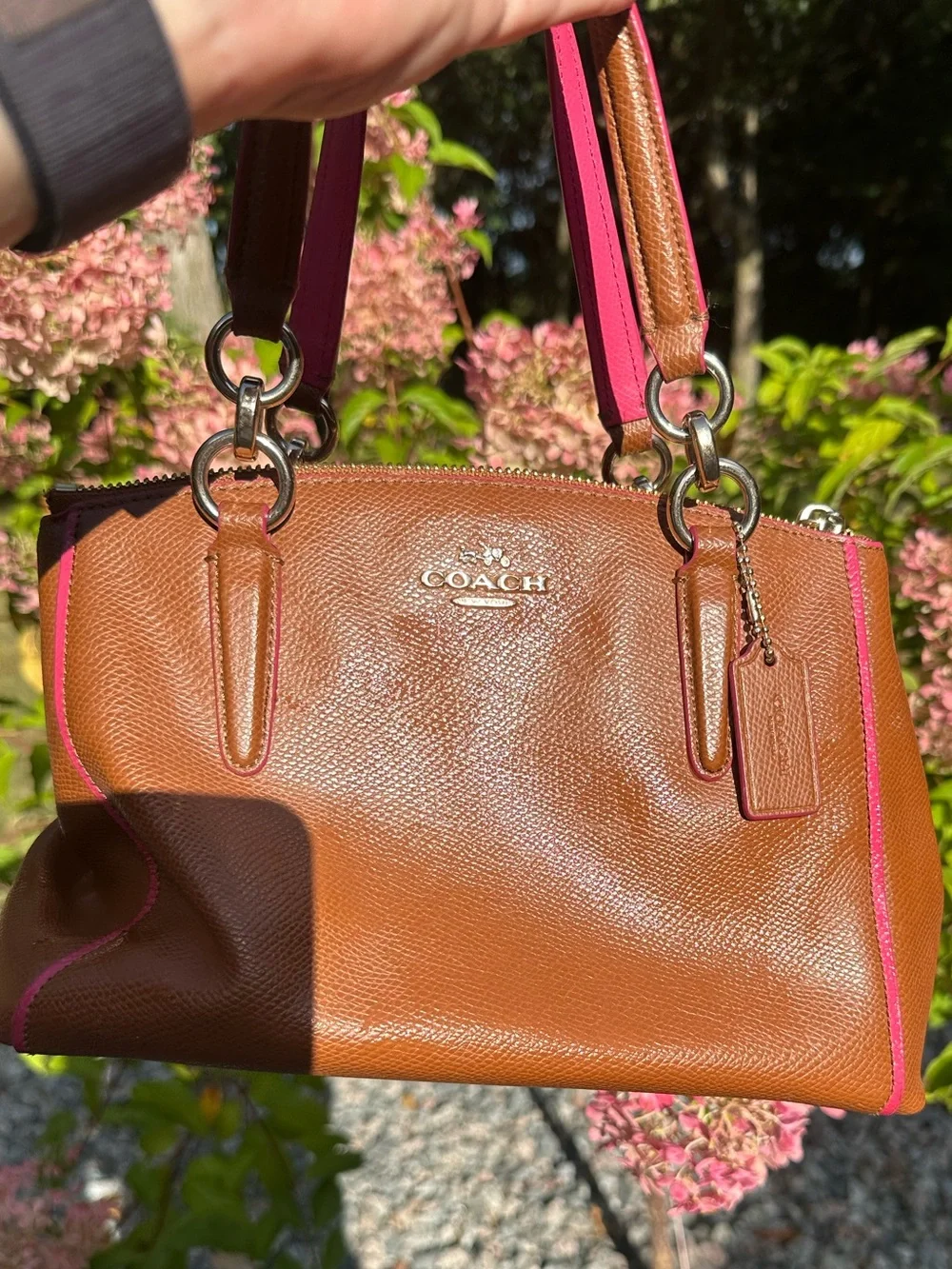Coach Brown Leather Shoulder Bag with Pink Trim